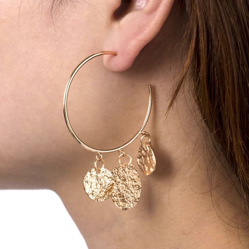 Gold 3/4 Hoops w/3 Dangling Discs Earrings - Picture 4 of 7